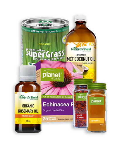 Weekly sale special offer on Planet Organic teas and spices, Natures Shield oils, and Green Nutritionals supplements for natural health and wellness.