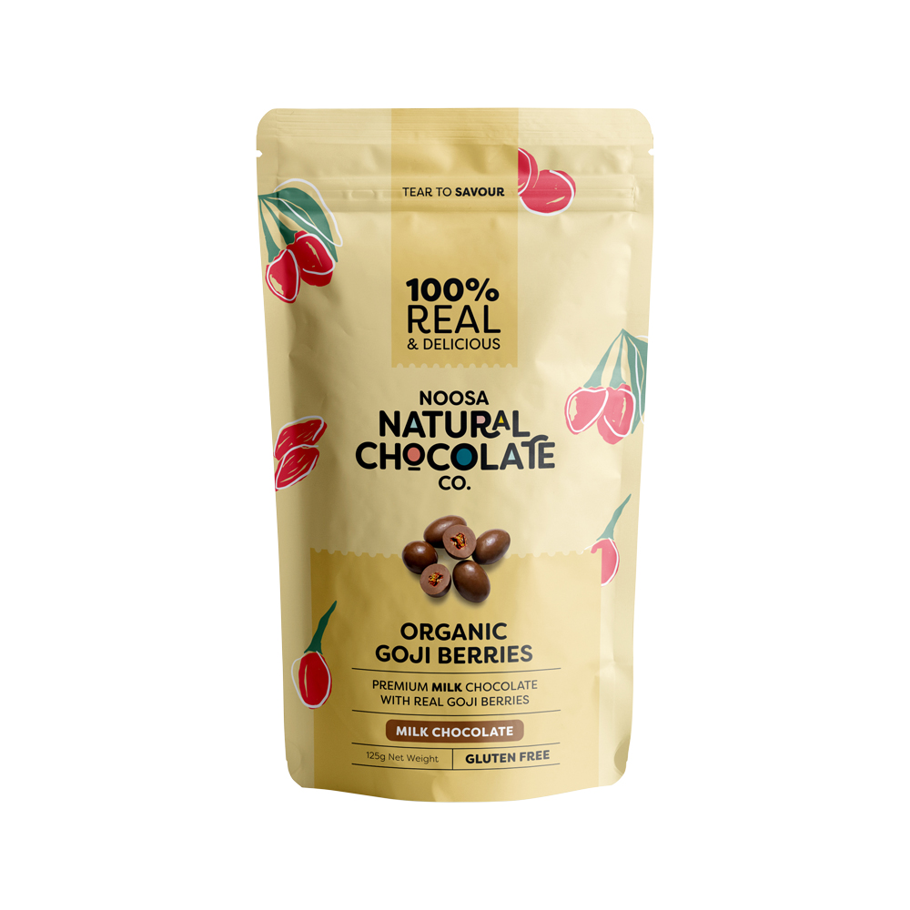Noosa Natural Chocolate Co. Milk Chocolate Organic Goji Berries 125g Noosa Natural Chocolate Co. Milk Chocolate Organic Goji Berries 125g